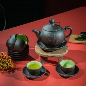 Bộ ấm chén tử sa dáng chóp - men nâu - lòng xanh