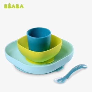 Bộ ăn dặm Silicone đế hít không đổ Béaba Neon Blue