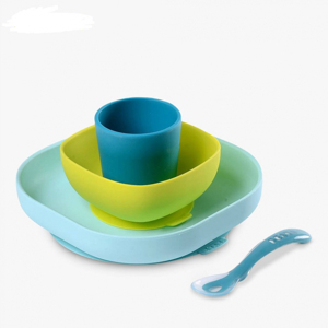 Bộ ăn dặm Silicone đế hít không đổ Béaba Neon Blue