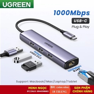 Bộ chia Type C 4 cổng USB 3.0 + Lan RJ45 Ugreen 20920