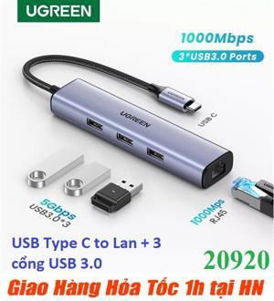 Bộ chia Type C 4 cổng USB 3.0 + Lan RJ45 Ugreen 20920