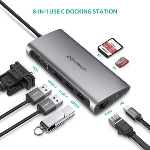 Bộ chuyển đổi TYPE C sang 3 USB 3.0 + VGA + LAN + SD TF + hỗ trợ nguồn TYPE C Ugreen 50539