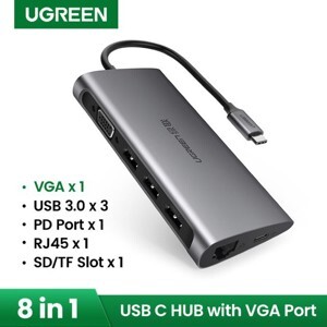 Bộ chuyển đổi TYPE C sang 3 USB 3.0 + VGA + LAN + SD TF + hỗ trợ nguồn TYPE C Ugreen 50539