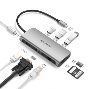Bộ chuyển đổi USB C to HDMI + VGA + LAN 1Gbps + Hub USB3.0 + SD/TF + Audio Ugreen 80133 cao cấp(10 in 1)