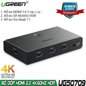 Bộ gộp HDMI 3 vào 1 ra HDMI 2.0 hỗ trợ 4Kx2K60Hz Ugreen 50709