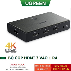 Bộ gộp HDMI 3 vào 1 ra HDMI 2.0 hỗ trợ 4Kx2K60Hz Ugreen 50709