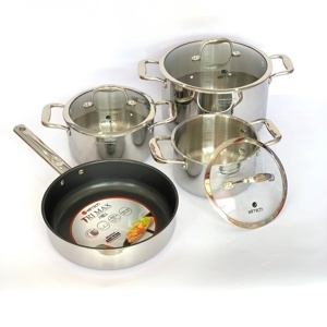 Bộ Inox  cao cấp 3 lớp đáy liền Tri-max XS EL-3744 size 18, 20, 24, chảo 26cm