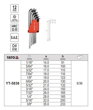 Bộ lục giác đầu bi dài hệ inch Yato YT-5838, 12 chi tiết