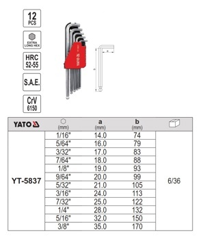 Bộ lục giác đầu bi hệ inch loại ngắn yt-5837, 12 chi tiết