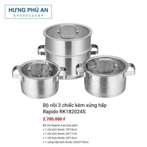 Bộ nồi 3 chiếc kèm xửng hấp Rapido c