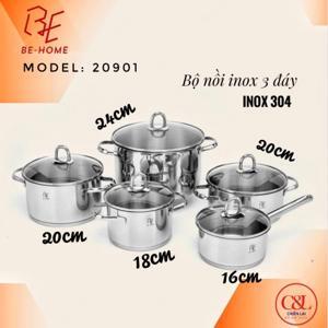 Bộ nồi Behome - 3 lớp, 5 món, vung kính, Inox 304