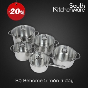 Bộ nồi Behome - 3 lớp, 5 món, vung kính, Inox 304