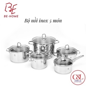 Bộ nồi Behome - 3 lớp, 5 món, vung kính, Inox 304