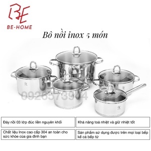 Bộ nồi Behome - 3 lớp, 5 món, vung kính, Inox 304