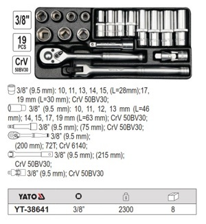 Bộ tuýp tay vặn tổng hợp 3/8" 19 món YATO YT-38641