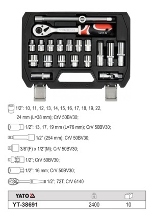 Bộ tuýp tay vặn YT-38691, 1/2" 20 chi tiết