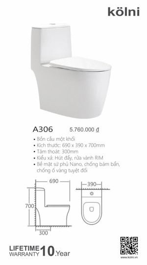 Bồn cầu 1 khối Kolni A306