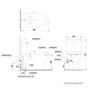 Bồn cầu 2 khối thoát ngang TOTO CS320PDRE4