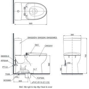 Bồn cầu 2 khối thoát ngang TOTO CS320PDRE2