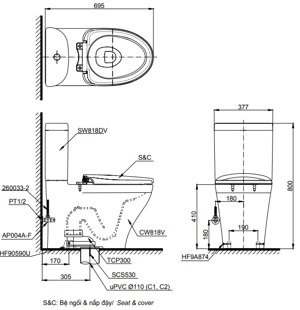 Bồn cầu 2 khối Toto CS818DT8