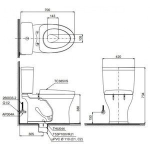 Bồn cầu Toto 2 khối CS735DT3