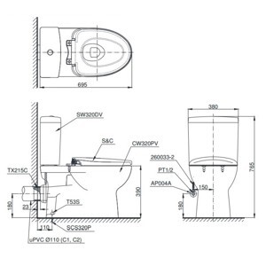 Bồn cầu Toto CS320PDRT8 - 2 khối, nắp đóng êm