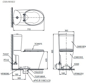 Bồn cầu ToTo CS819DSE2 - 2 khối