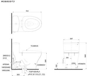 Bồn cầu ToTo MS885DT3 nắp êm TC385VS, 1 khối