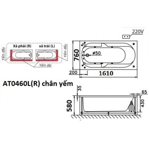 Bồn tắm nằm Caesar AT0460L(R) - có chân có yếm