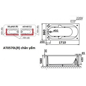 Bồn tắm nằm Caesar AT0570L(R) - có chân có yếm