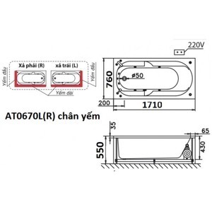 Bồn tắm nằm Caesar AT0670L(R) - có chân có yếm
