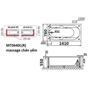 Bồn tắm nằm Massage Caesar MT0640L(R) - có chân có yếm