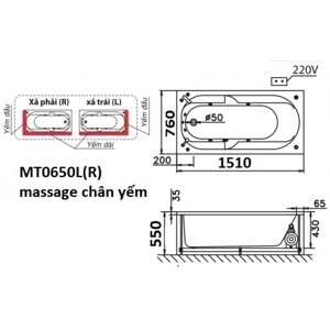 Bồn tắm nằm Massage Caesar MT0650L(R) - có chân có yếm