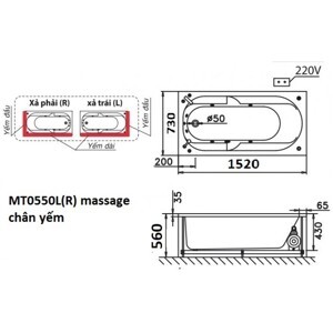 Bồn tắm nằm Massage Caesar MT0550L(R) - có chân có yếm