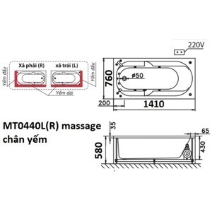 Bồn tắm nằm Massage Caesar MT0440L(R) - có chân có yếm