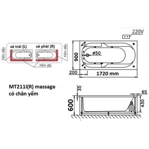Bồn tắm nằm Massage Caesar MT3180L(R) - có chân có yếm