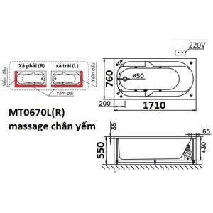 Bồn tắm nằm Massage Caesar MT0670L(R) - có chân có yếm