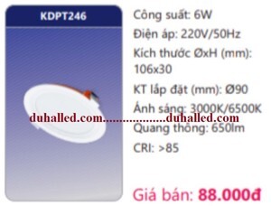 Bóng đèn Led Panel âm trần 6W Duhal KDPT246