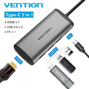 Cáp chuyển đổi Type-C sang HDMI 3 cổng USB 3.0  Type-C PD  Vention CNBHB