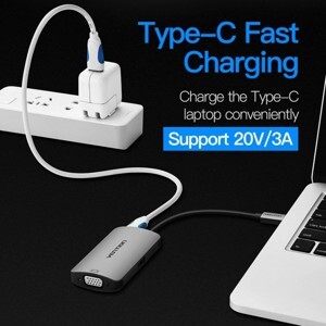 Cáp chuyển đổi Type-C sang VGA  1 cổng USB 3.0  Type-C PD hàng chính hãng Vention CGJHA