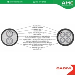 Cáp điện lực hạ thế có giáp bảo vệ 2 lõi cách điện PVC 0.6/1kV CADIVI CV AXV/DSTA 2×185