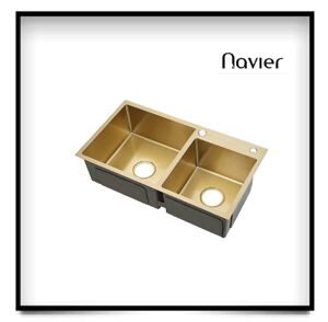 Chậu rửa chén nano vàng 2 hộc lệch Navier NV-8245LV