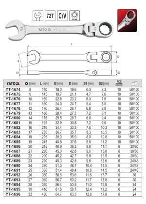 Cờ lê vòng miệng tự động lắc léo Yato YT-1674