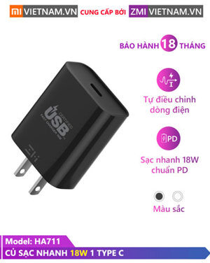 Củ sạc nhanh Xiaomi Zmi chuẩn PD Type C HA711 18W