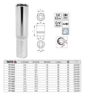Đầu tuýp loại dài 10mm 1/4″ 6PT CRV YT-1421