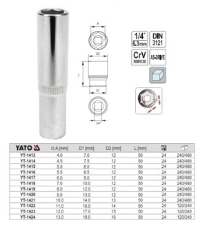 Đầu tuýp loại dài 11mm 1/4″ 6PT CRV YT-1422