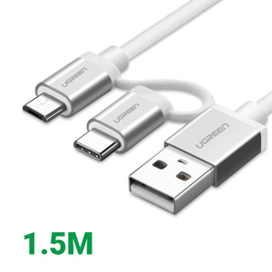 Dây sạc và truyền dữ liệu đa năng 2 trong 1 USB2.0 sang (Micro USB + đầu chuyển USB Type C) dài 1.5M UGREEN US177 20873