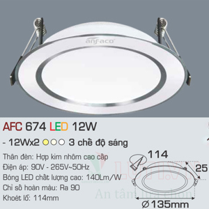 Đèn led âm trần Anfaco AFC-674 - 12W, 3CĐ