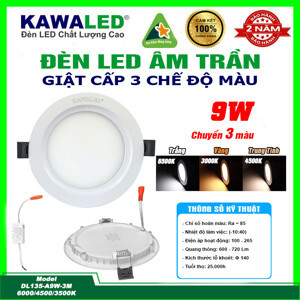 Đèn led mỏng giật cấp 3 màu Kawaled  DL135-A9W-3M