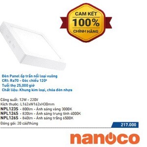 Đèn Panel ốp trần lắp nổi cảm biến Nanoco NPL186SS